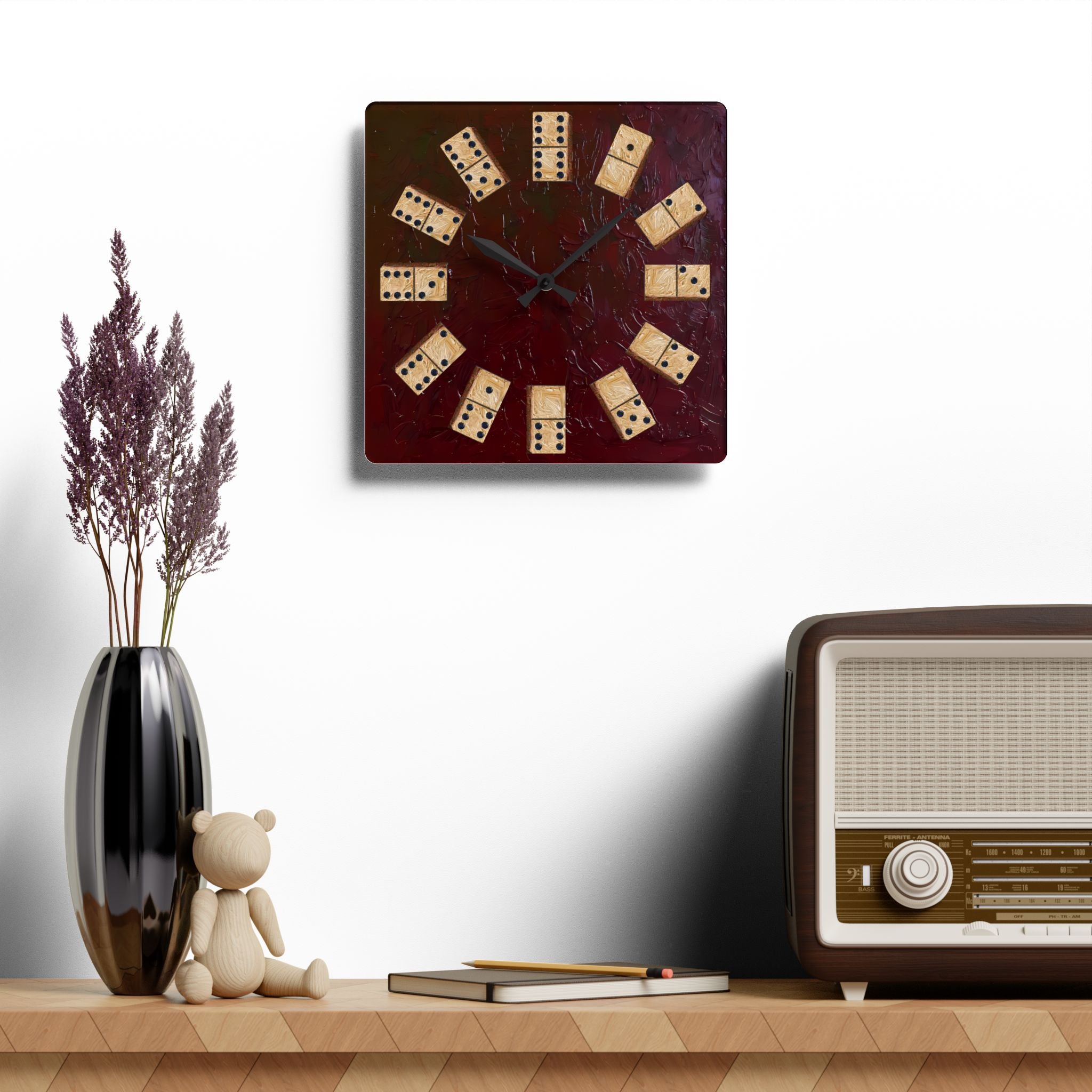 Domino Tile Clock Acrylic Wall Clock | Game Room Decor, Rustic Dark Red
