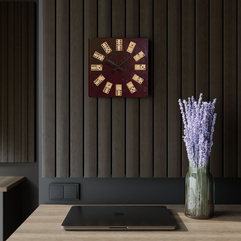 Domino Tile Clock Acrylic Wall Clock | Game Room Decor, Rustic Dark Red