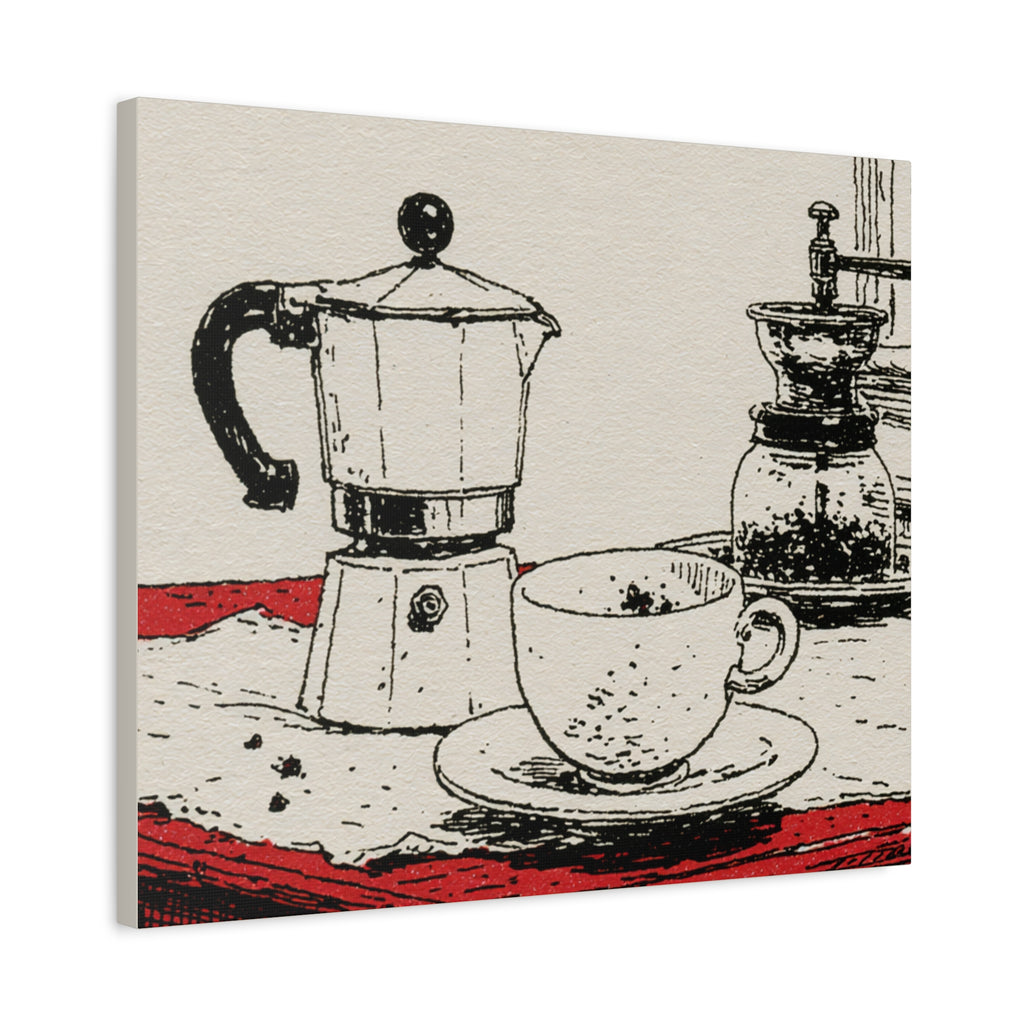 Espresso Pot and Cup Illustration Canvas | Coffee Kitchen Wall Art