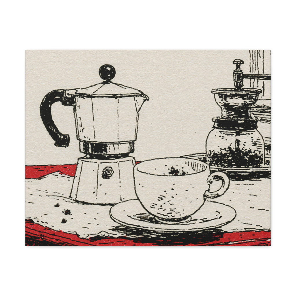 Espresso Pot and Cup Illustration Canvas | Coffee Kitchen Wall Art