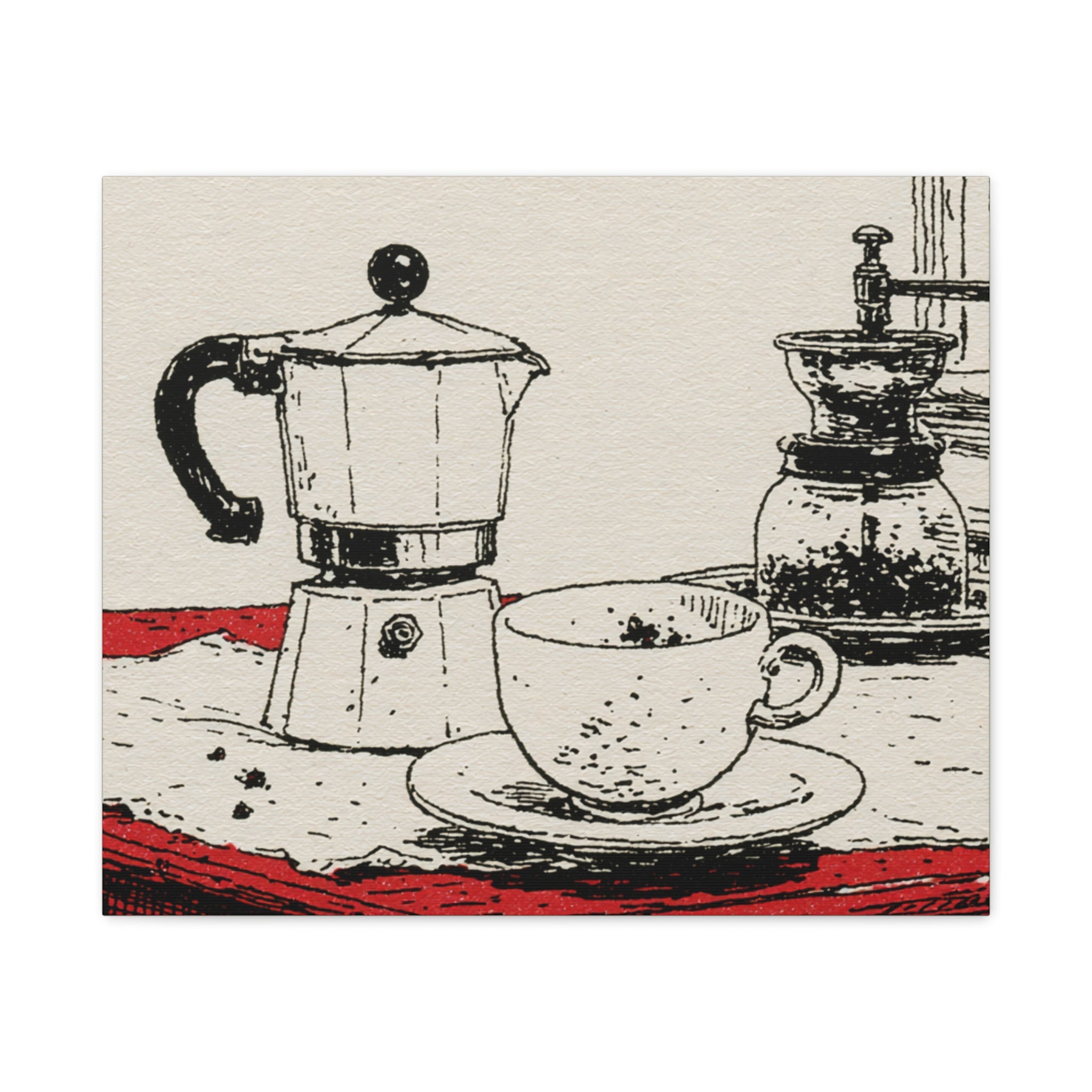 Espresso Pot and Cup Illustration Canvas | Coffee Kitchen Wall Art
