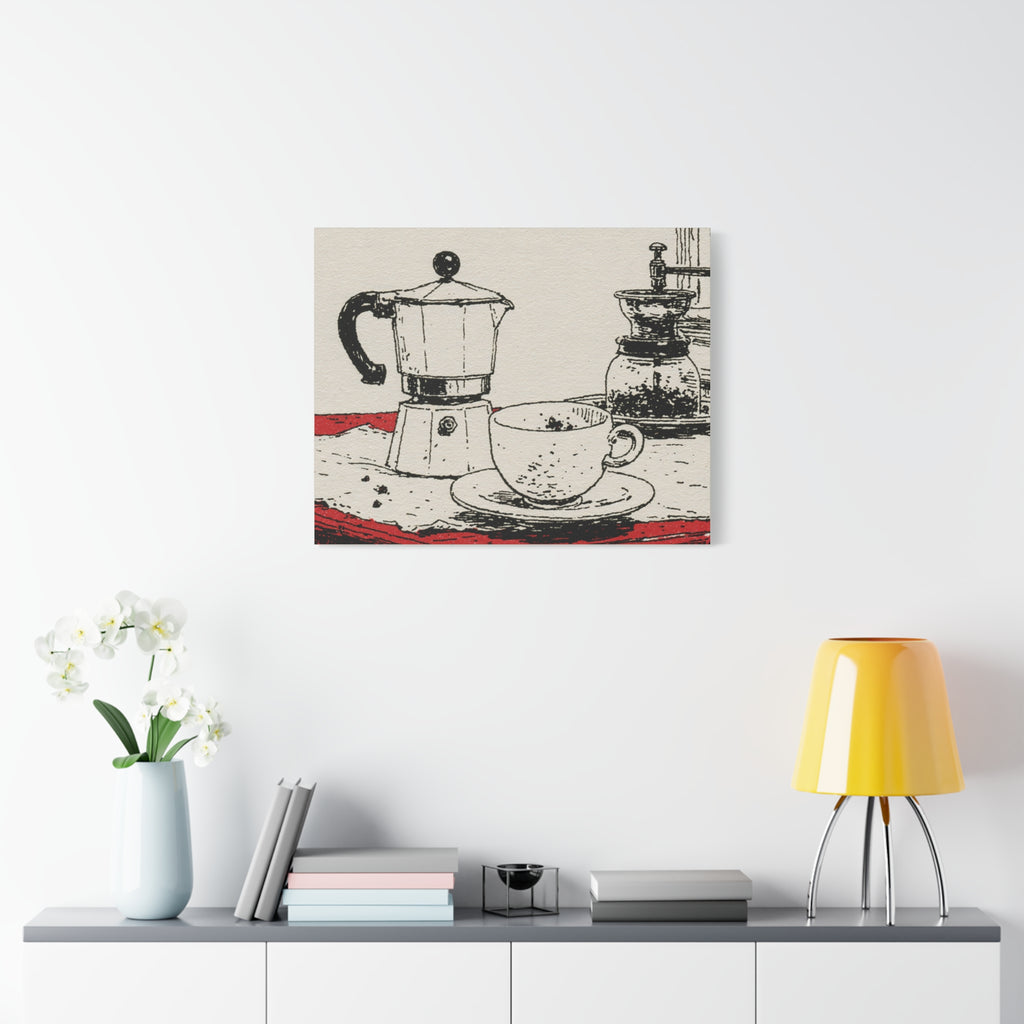 Espresso Pot and Cup Illustration Canvas | Coffee Kitchen Wall Art