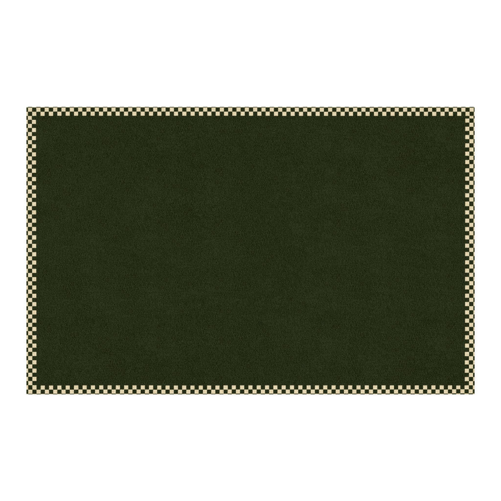 A dark forest green rectangular mat with a checkered border in black and beige, shown flat against a white background.