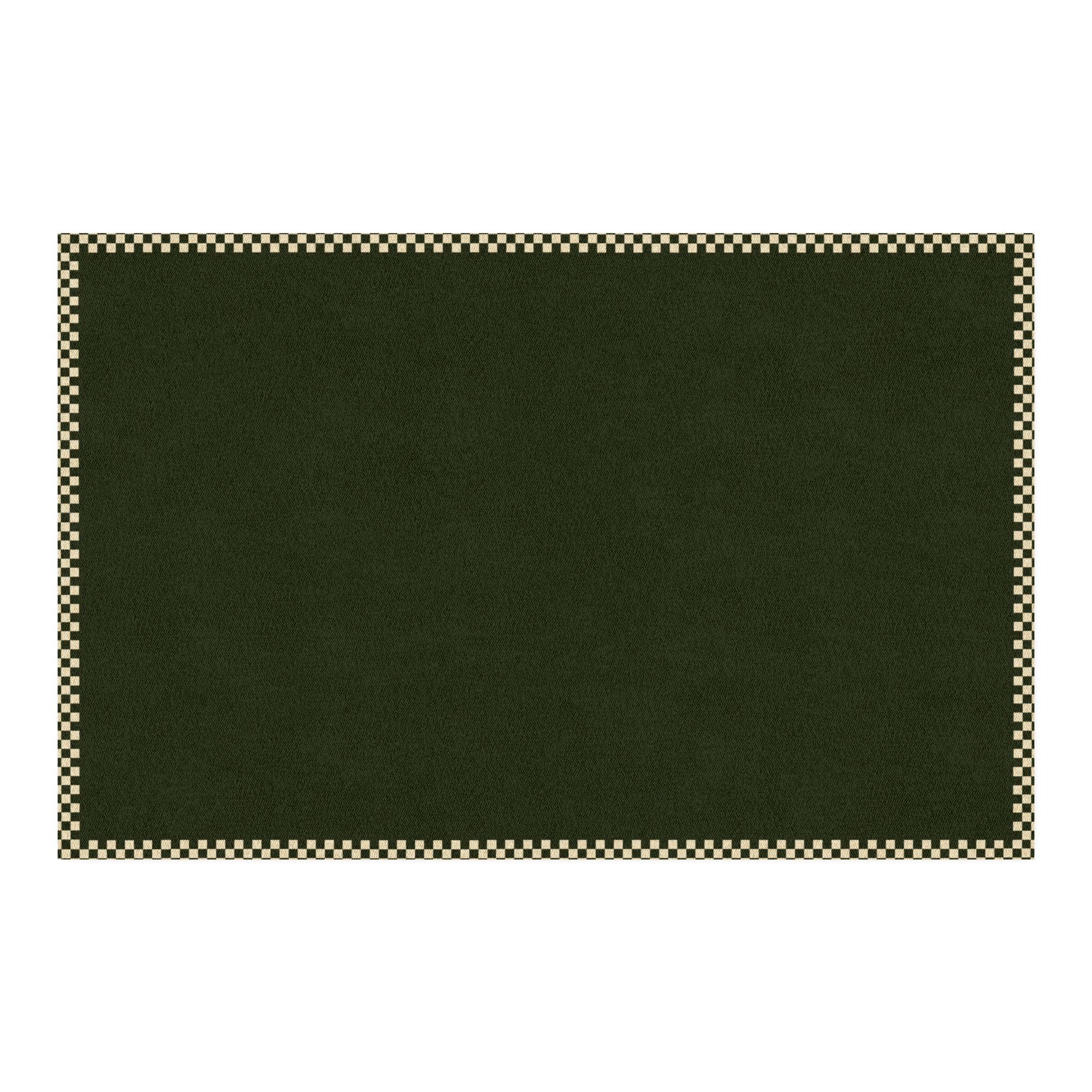 A dark forest green rectangular mat with a checkered border in black and beige, shown flat against a white background.