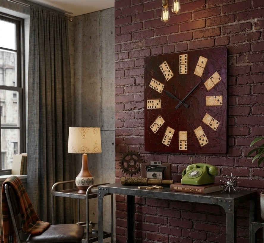 Domino Tile Clock Acrylic Wall Clock | Game Room Decor, Rustic Dark Red