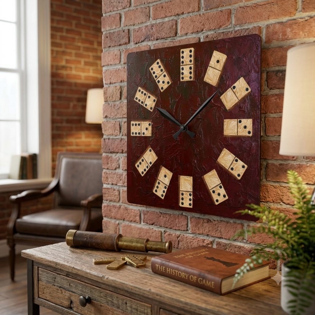 Domino Tile Clock Acrylic Wall Clock | Game Room Decor, Rustic Dark Red