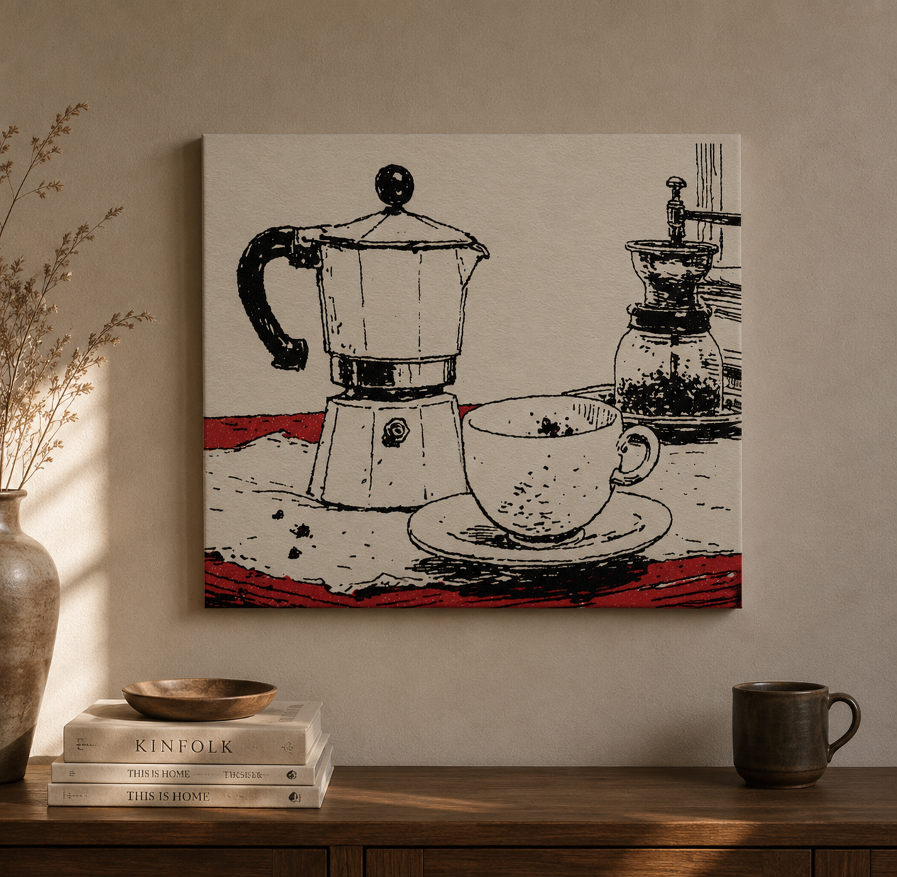 Espresso Pot and Cup Illustration Canvas | Coffee Kitchen Wall Art