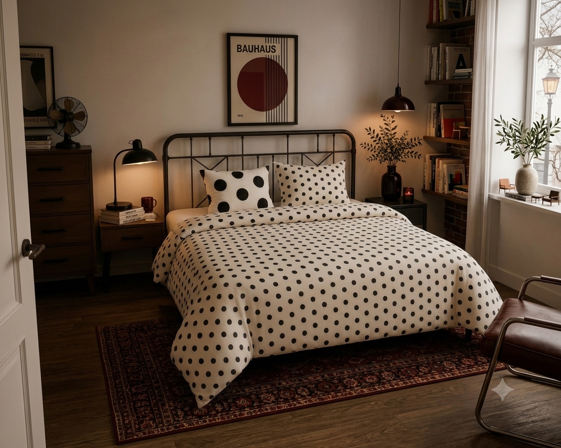 Black Polka Dot Duvet Cover Cotton Bed Set | Minimalist Spot Pattern