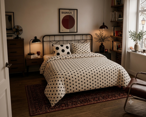 Black Polka Dot Duvet Cover Cotton Bed Set | Minimalist Spot Pattern