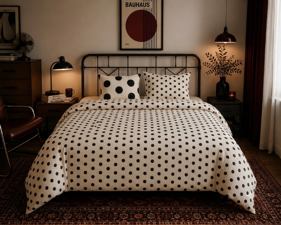 Black Polka Dot Duvet Cover Cotton Bed Set | Minimalist Spot Pattern