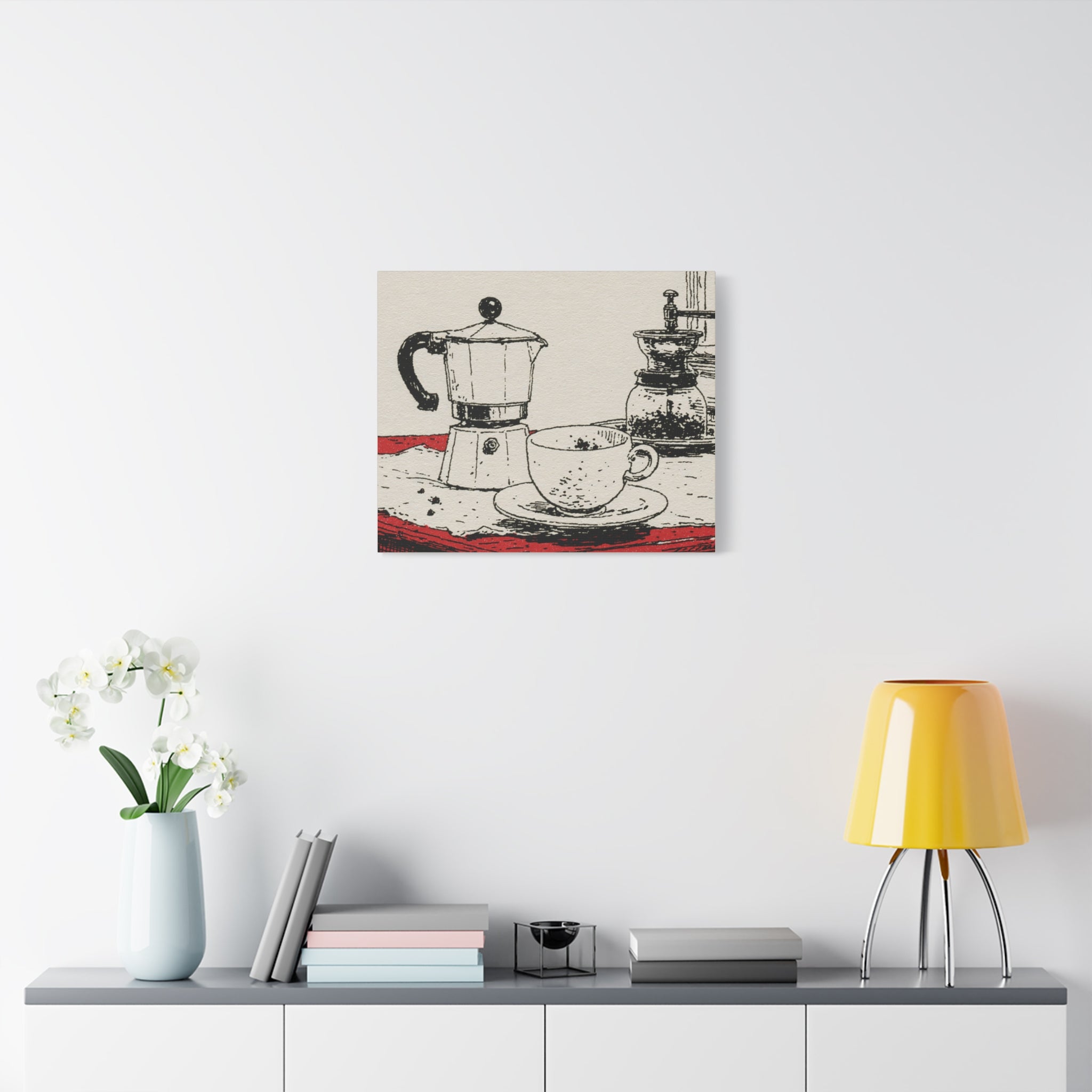 Espresso Pot and Cup Illustration Canvas | Coffee Kitchen Wall Art