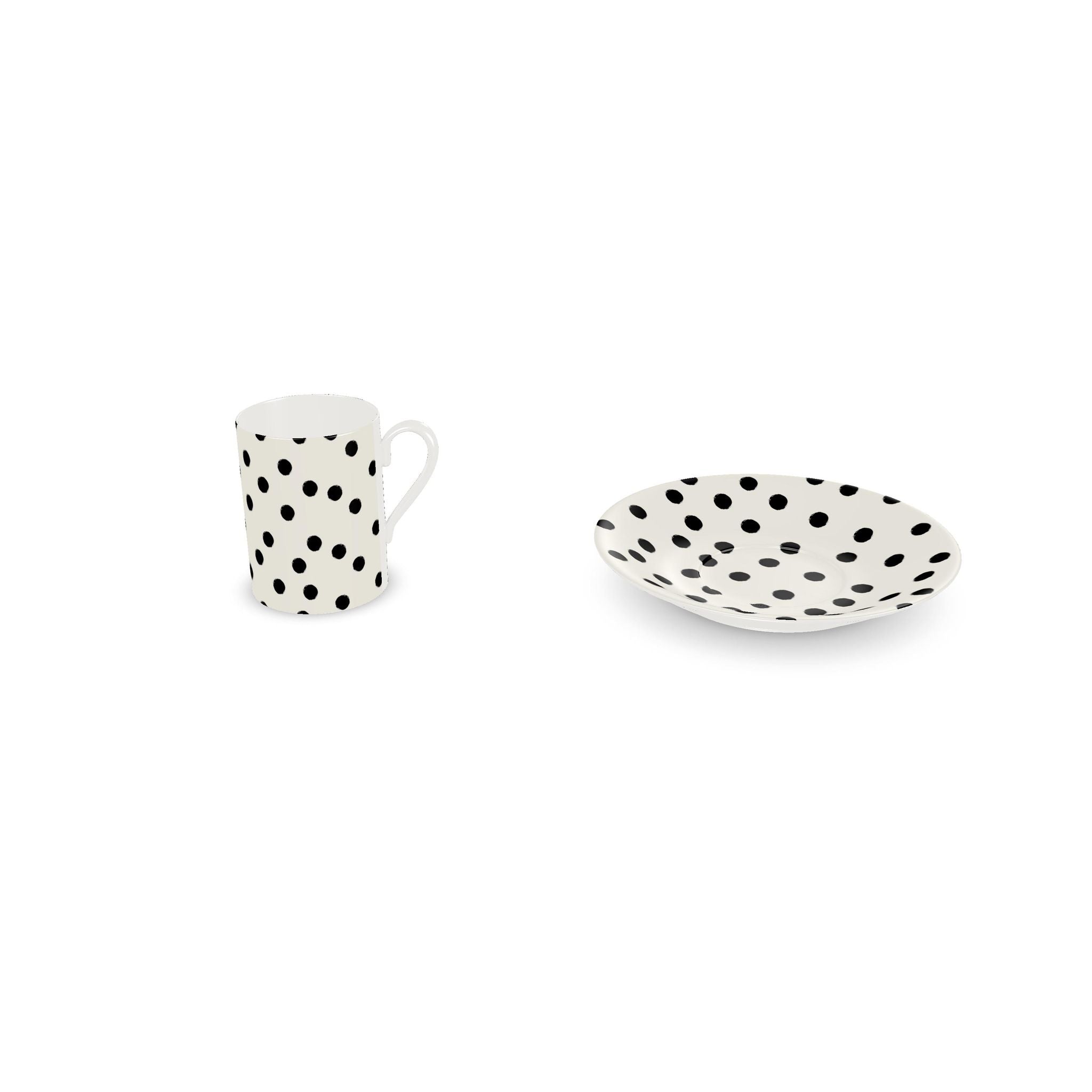 A white ceramic mug and matching saucer with a black polka dot pattern, shown on a clean white background.