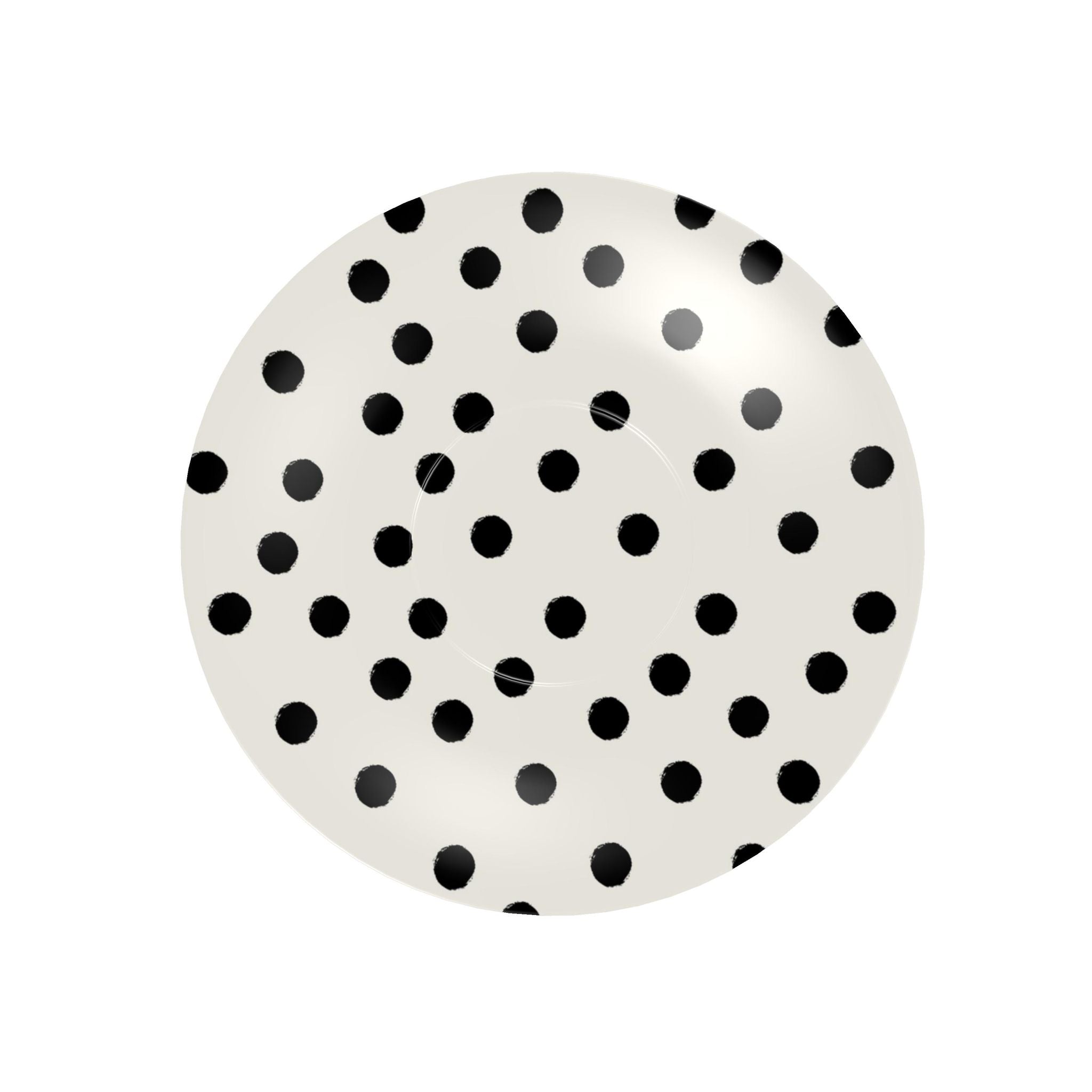 A round white plate with a black polka dot pattern, shown from a top-down view on a solid white background.