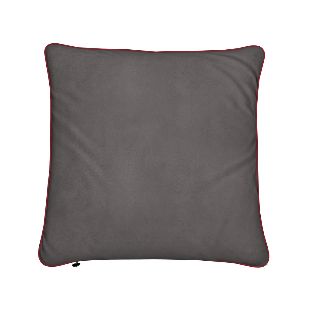 A square dark gray throw pillow with a contrasting red piped border, shown against a plain white background.