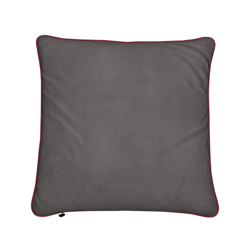 A square dark gray throw pillow with a contrasting red piped border, shown against a plain white background.