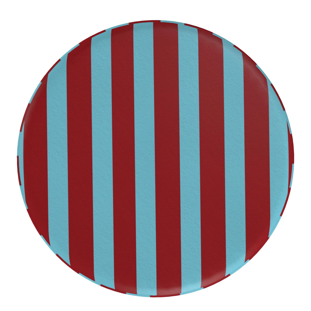 A round plate with a bold pattern of alternating vertical red and light blue stripes, shown from a top-down view on a plain white background.