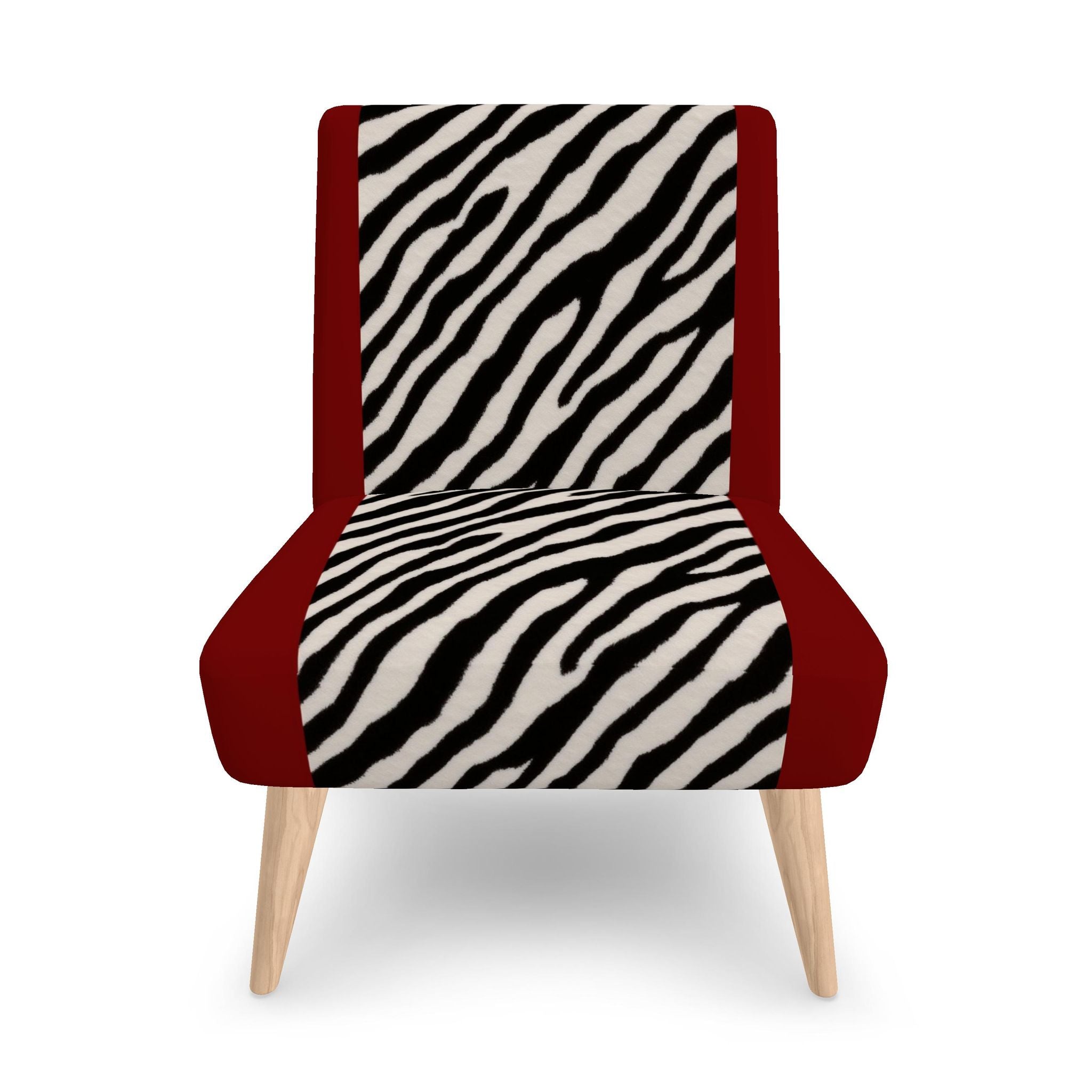 A modern accent chair with a zebra-print patterned seat and backrest, deep red side panels, and light natural wood legs, shown against a plain white background.