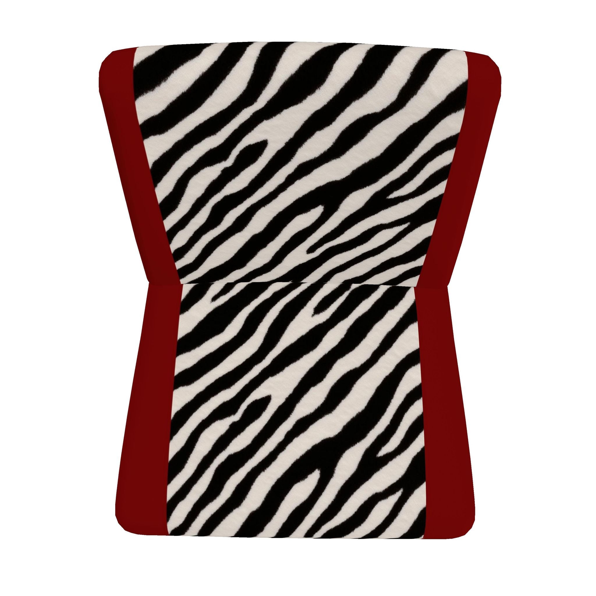 A zebra-print lumbar support cushion with deep red side bolsters, shown from a top-down view on a solid white background.