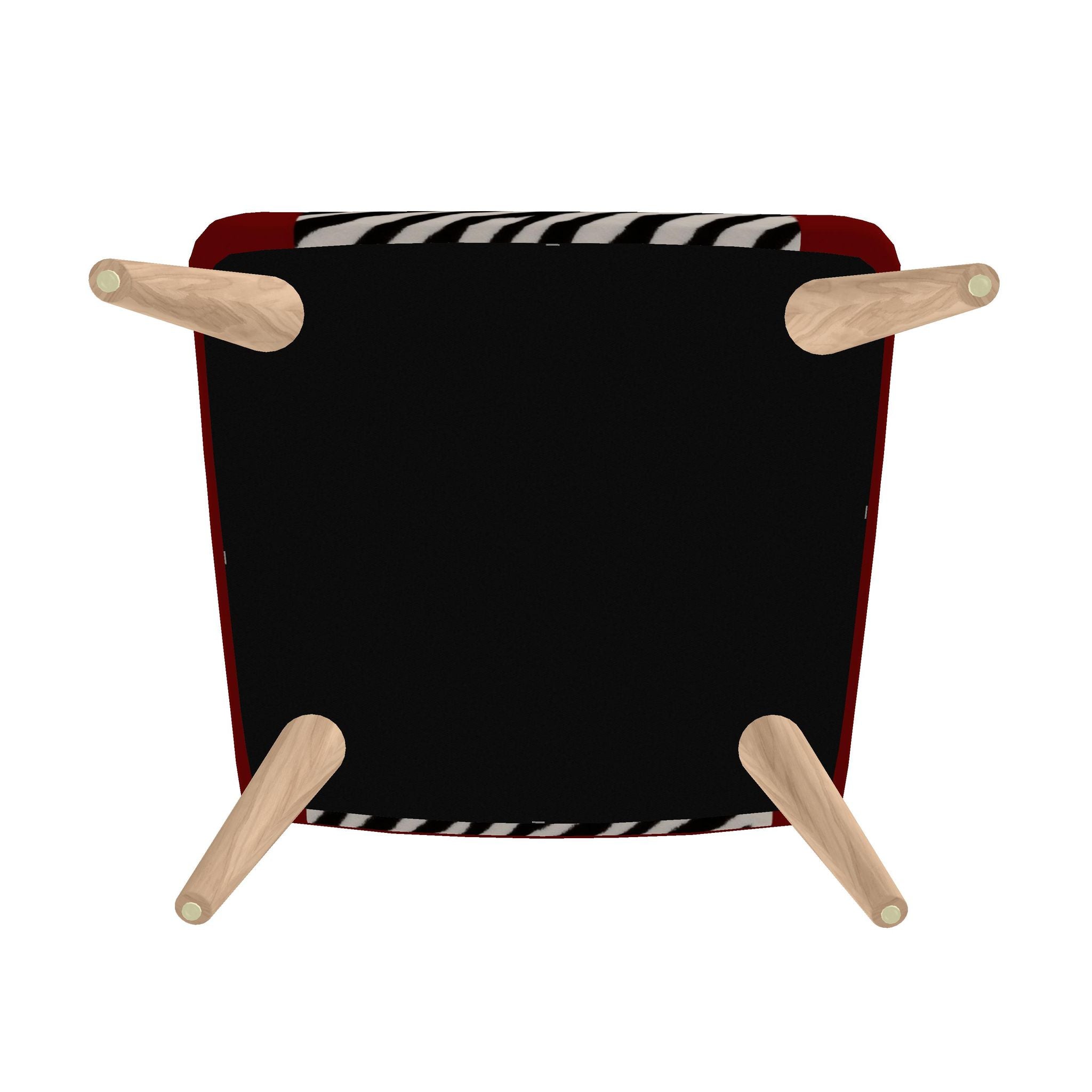 The underside of a modern armchair with a black seat, red side panels, a black and white patterned fabric trim, and four light natural wood legs.