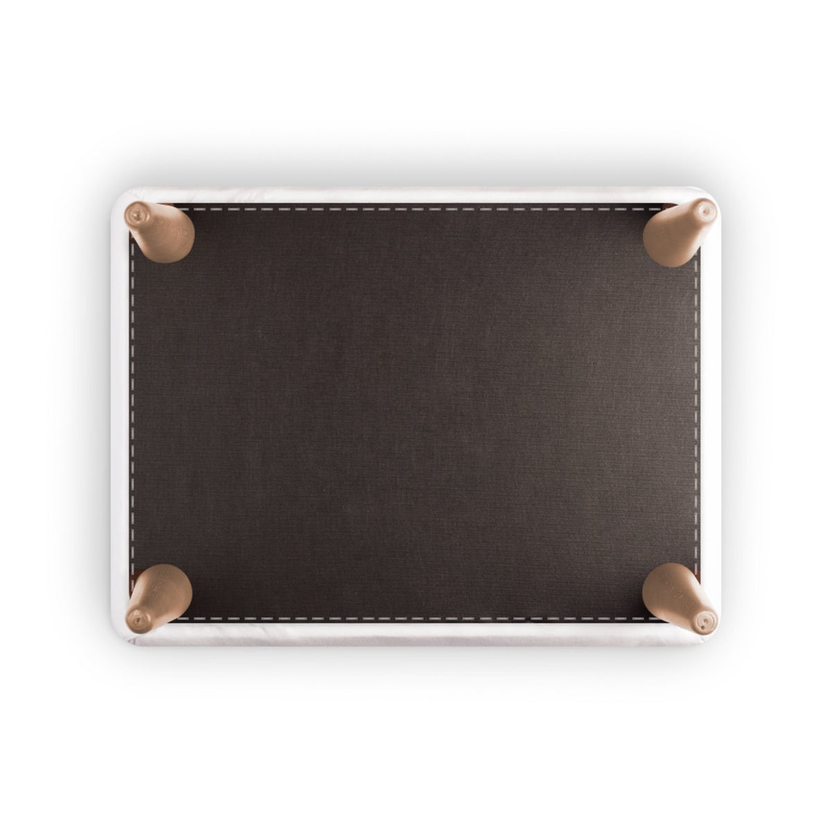 Top-down view of a rectangular dark brown leather pad or mat with a white border and four metallic rose gold corner protectors, shown on a white background.