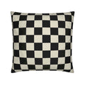 A square throw pillow featuring a classic black and off-white checkerboard pattern, shown against a plain white background.
