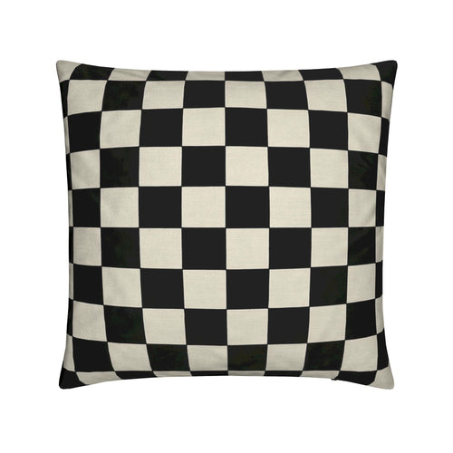 A square throw pillow featuring a classic black and off-white checkerboard pattern, shown against a plain white background.