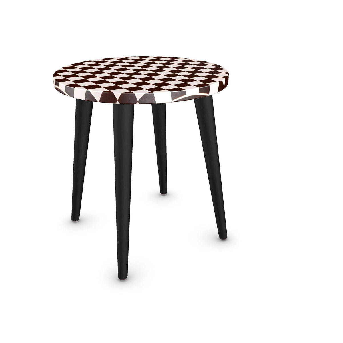 A round side table with a brown and white checkered patterned top and four black tapered legs, shown on a plain white background.