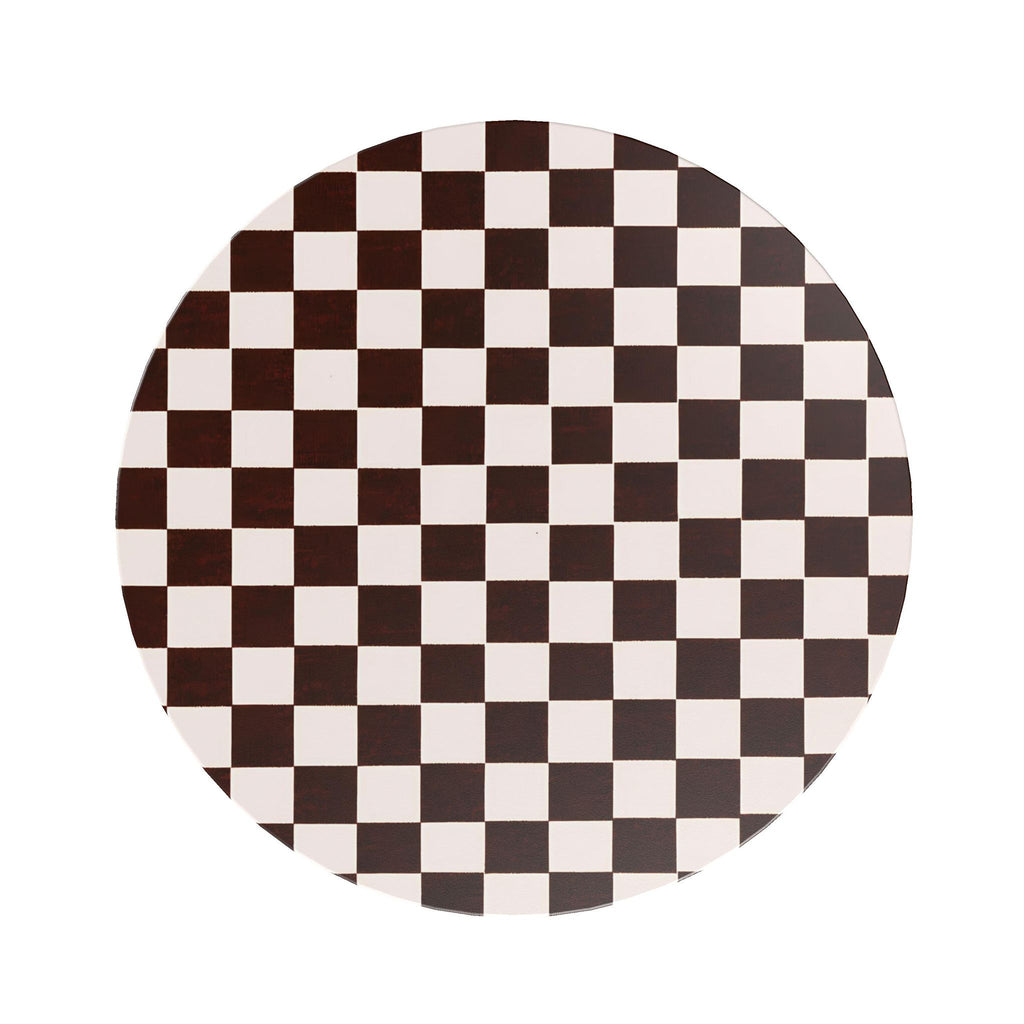 A round table featuring a classic brown and cream checkerboard pattern, isolated on a solid white background.