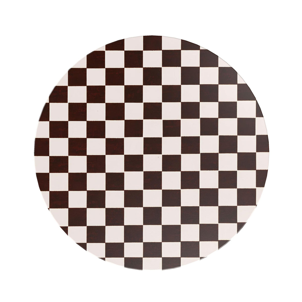 A round table featuring a classic brown and cream checkerboard pattern, isolated on a solid white background.