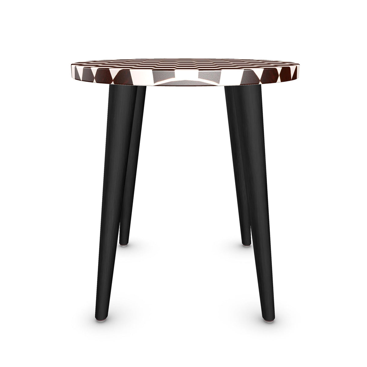 A modern side table with a round top featuring a brown and white geometric pattern, supported by three black tapered legs, shown on a plain white background.