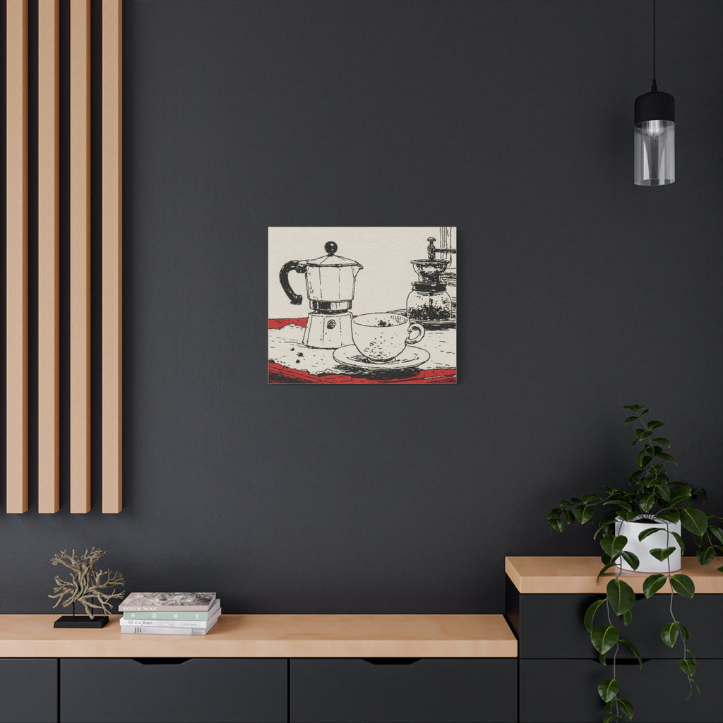 Espresso Pot and Cup Illustration Canvas | Coffee Kitchen Wall Art