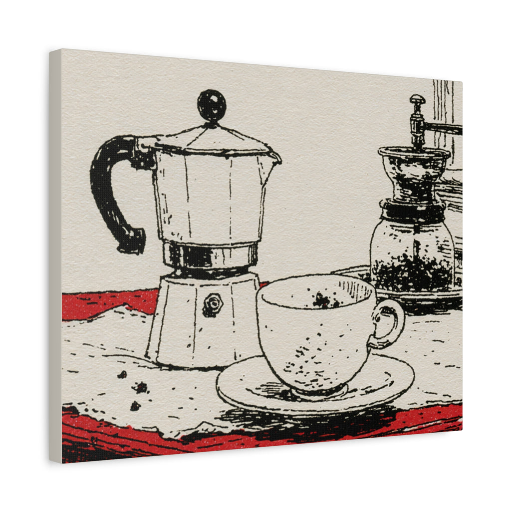 Espresso Pot and Cup Illustration Canvas | Coffee Kitchen Wall Art