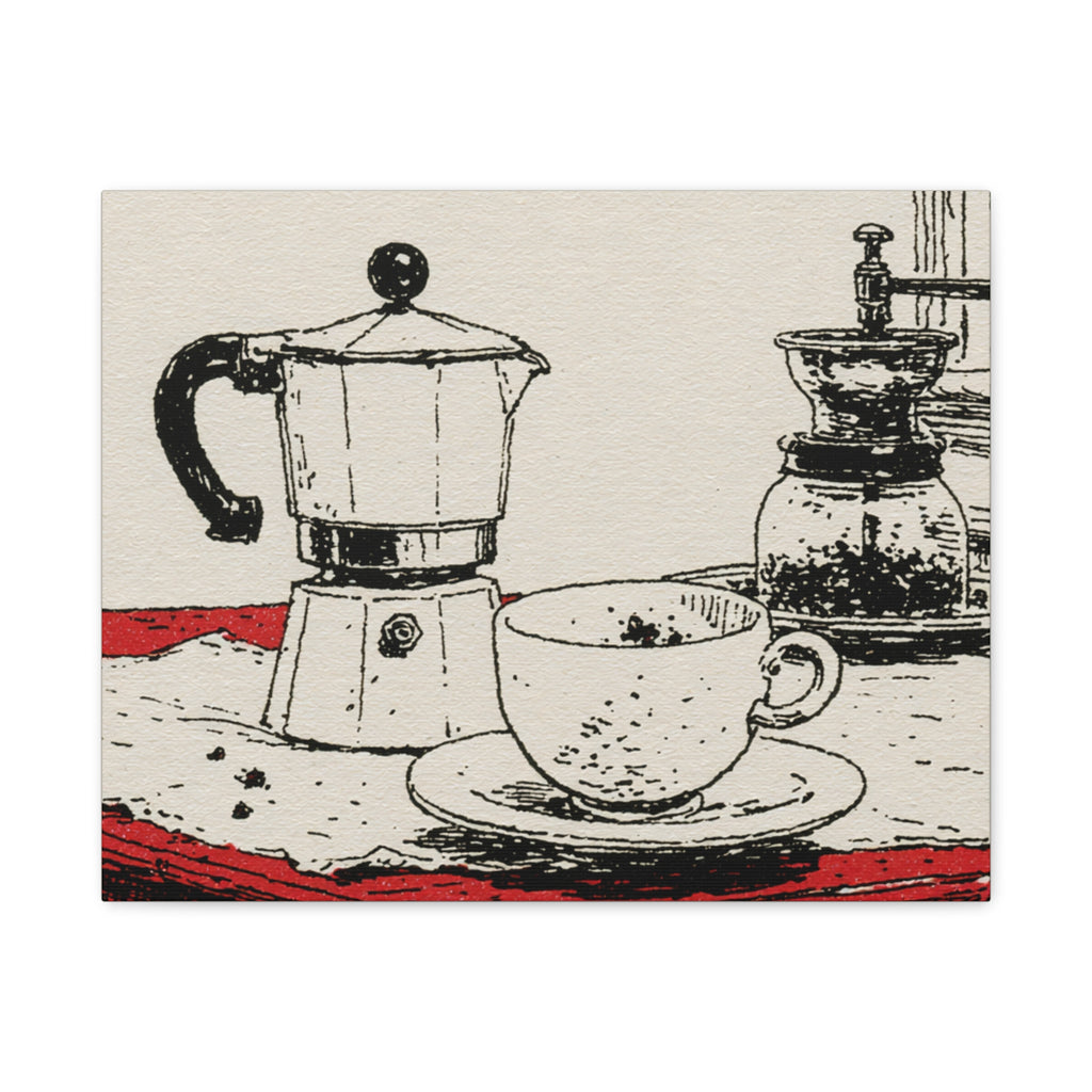 Espresso Pot and Cup Illustration Canvas | Coffee Kitchen Wall Art