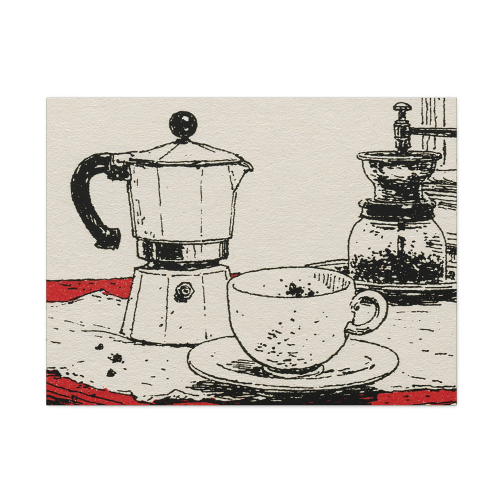 Espresso Pot and Cup Illustration Canvas | Coffee Kitchen Wall Art