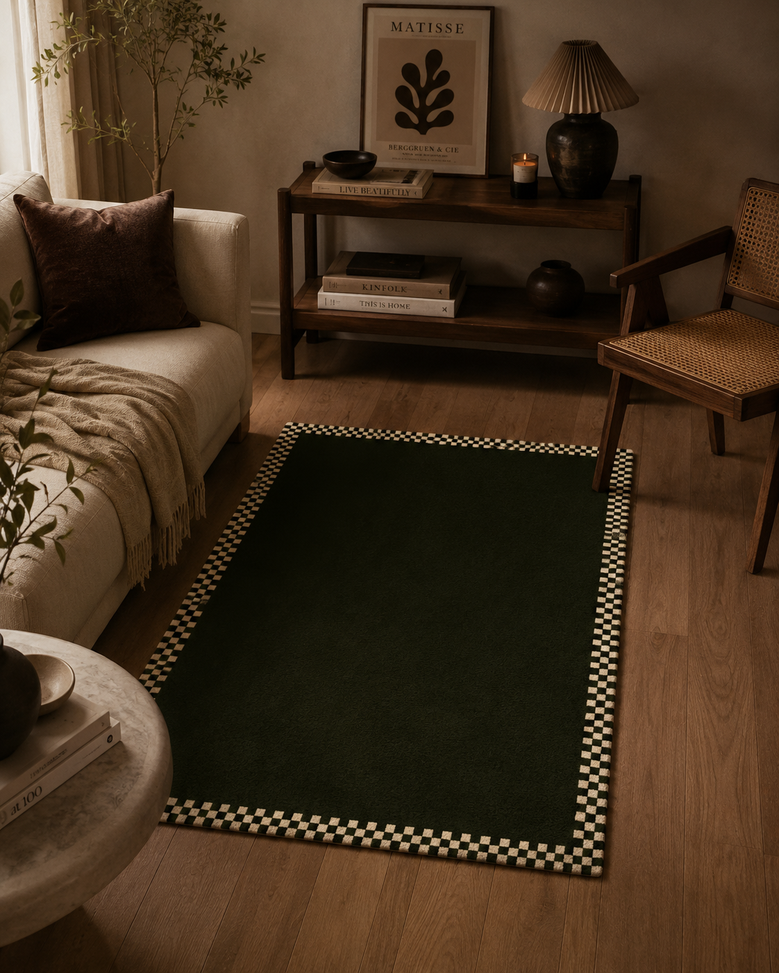 A dark green rectangular area rug with a black and white checkered border, styled in a cozy, warm-toned living room next to a sofa and wooden furniture.