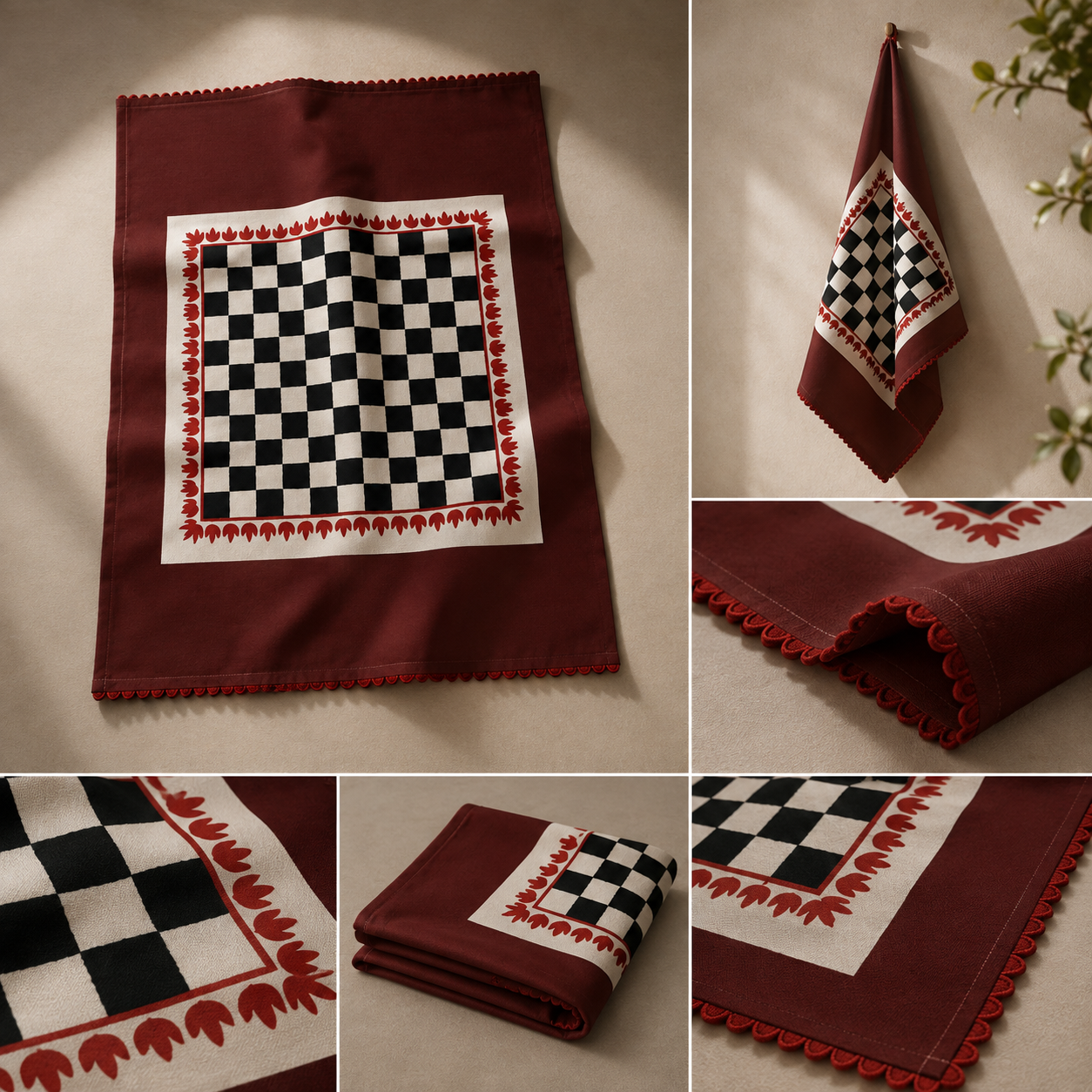 A collage showing a folded and hanging textile piece in a burgundy color with a central black-and-white checkerboard panel and a red leafy border. The product is displayed in multiple views on a neutral beige surface.