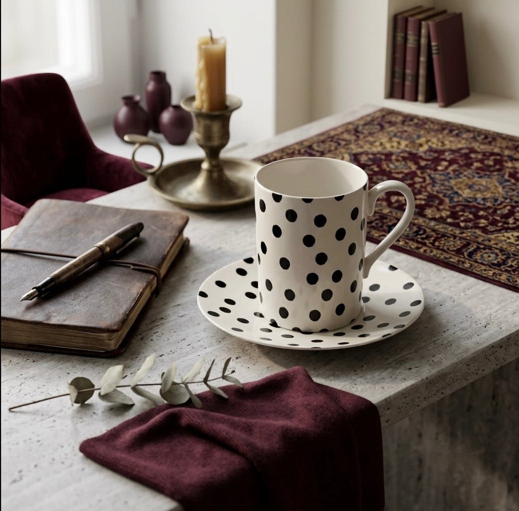 A white ceramic mug with black polka dots sits on a matching saucer on a stone tabletop in a styled interior scene. A dark burgundy chair, notebook with pen, candle, books, patterned rug, and folded burgundy fabric are visible around it.
