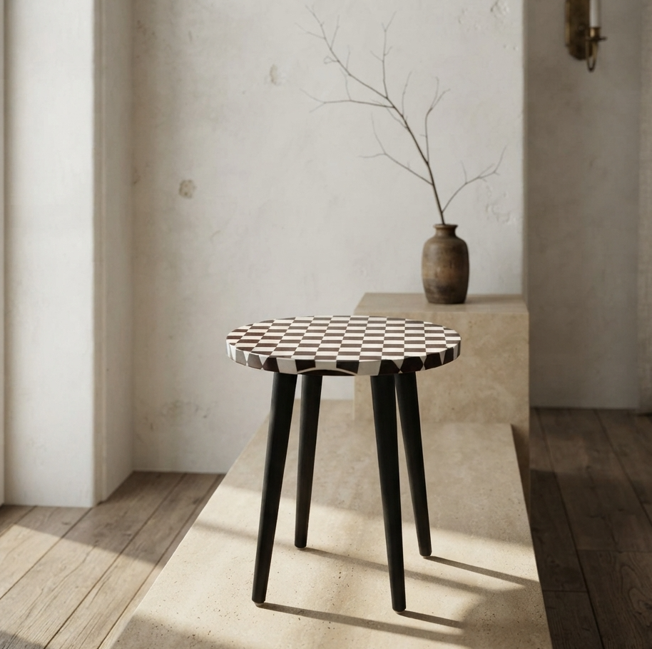 A small round side table with a black and white checkerboard patterned top and black tapered legs, placed in a sunlit minimalist interior with a vase and branch in the background.