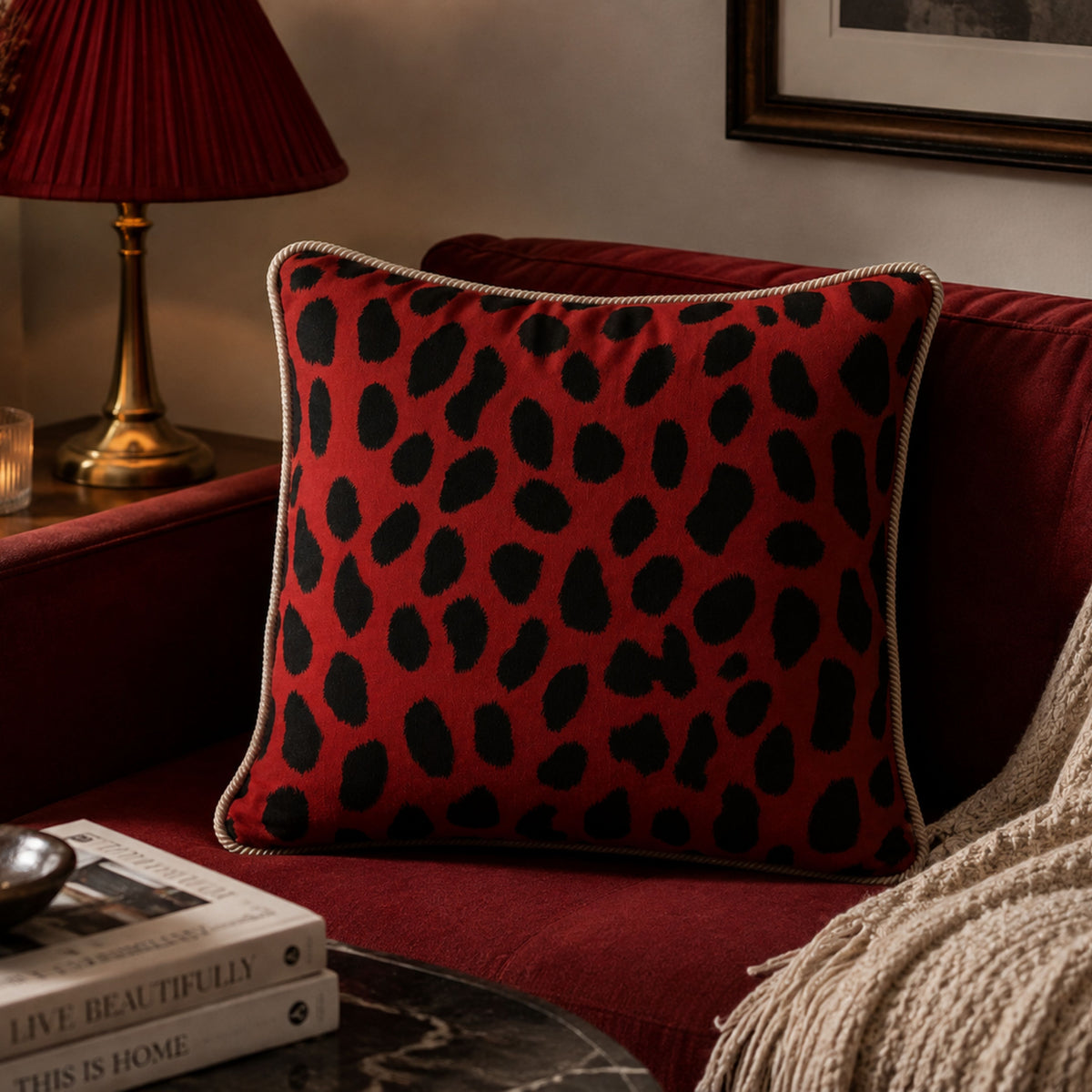 A square red throw pillow with a black leopard print pattern and cream-colored piping, resting on a red velvet sofa in a cozy living room setting.