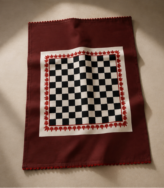 A square burgundy scarf laid flat on a neutral beige background, featuring a central white square with a black-and-white checkerboard pattern and a red decorative border.