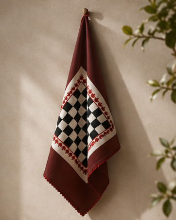 A folded patterned kitchen towel or scarf hangs from a wooden peg on a beige wall, with soft shadows and blurred green leaves at the edges.