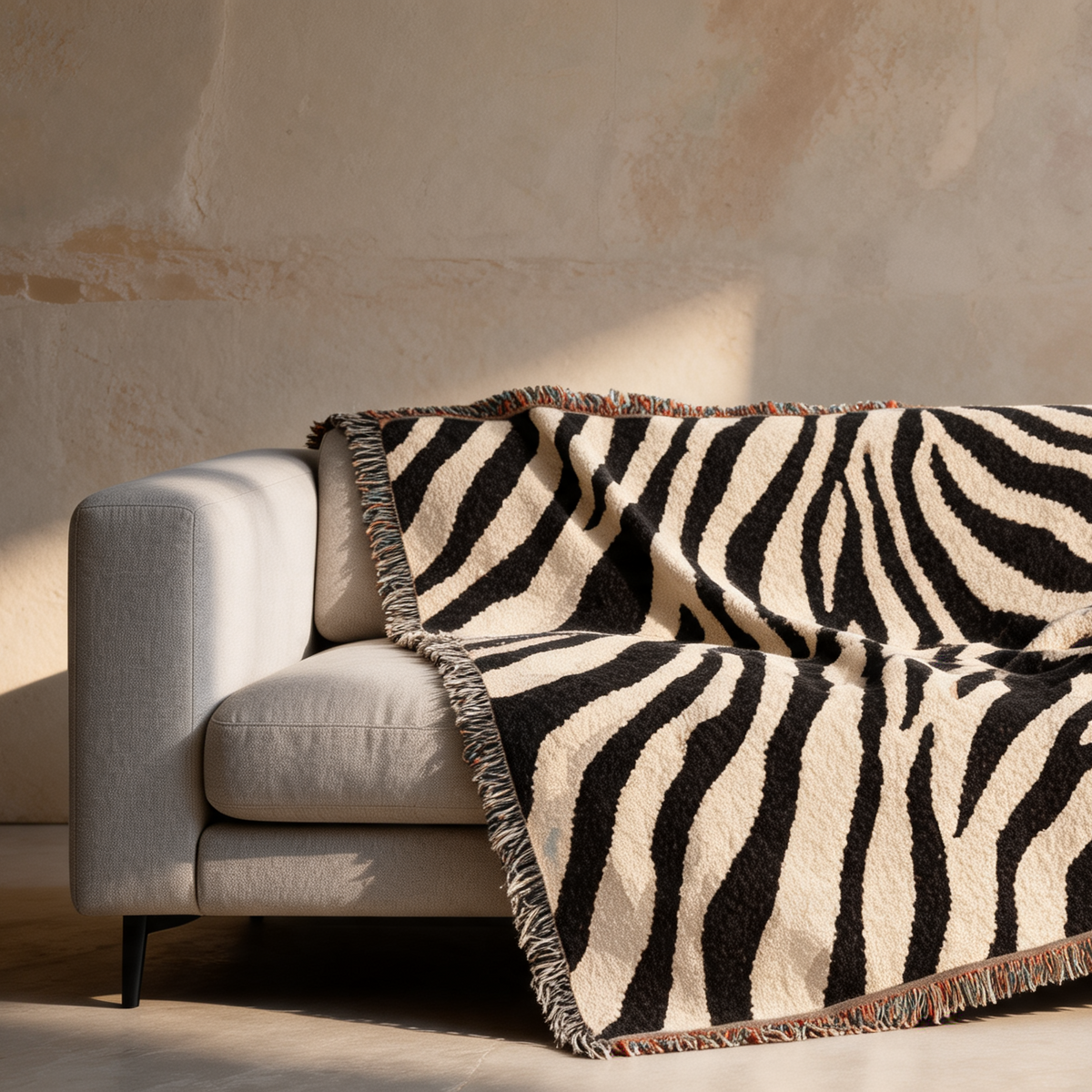 A zebra-print throw blanket with fringe is draped over a light gray sofa in a minimalist room with textured beige walls and warm sunlight.