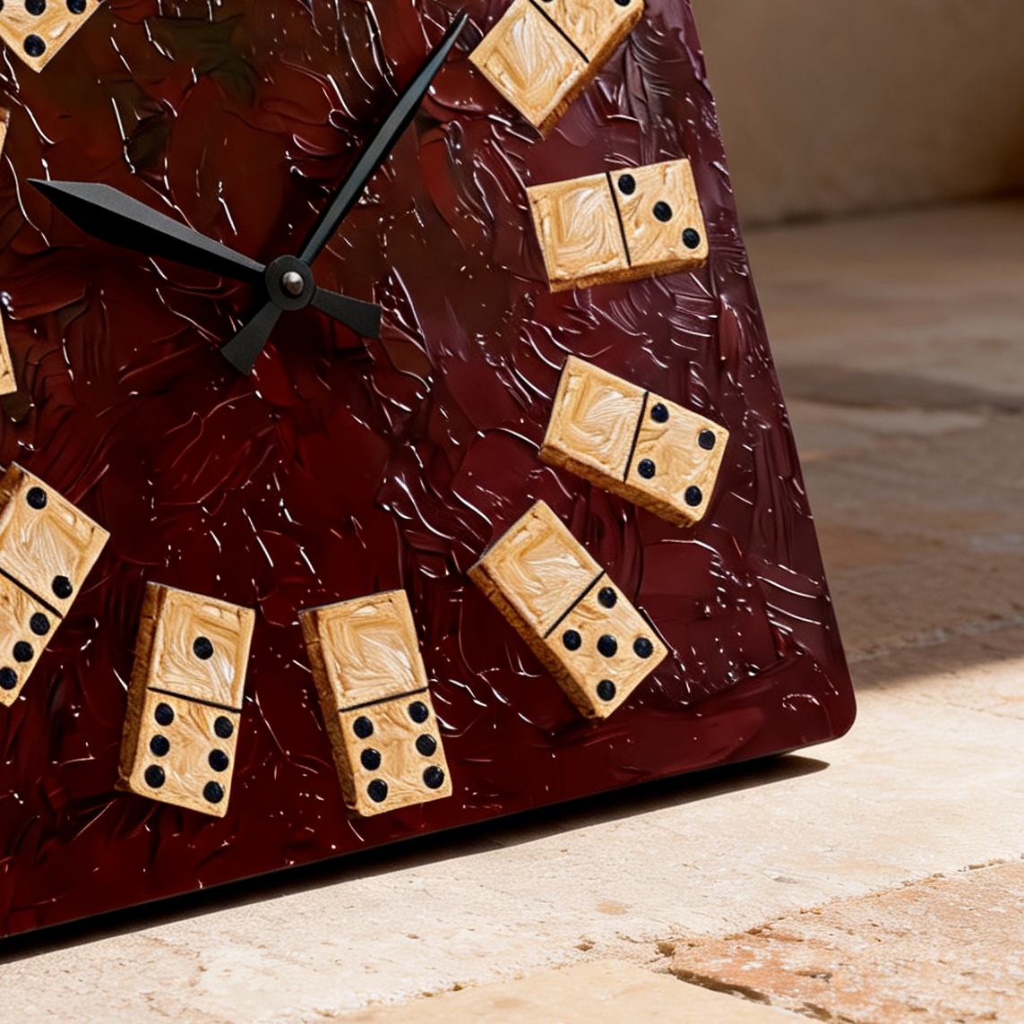 A square wall clock with a dark reddish-brown textured face and beige domino pieces replacing the hour markers. The clock has black hands and is shown leaning against a warm beige stone wall and tiled floor.