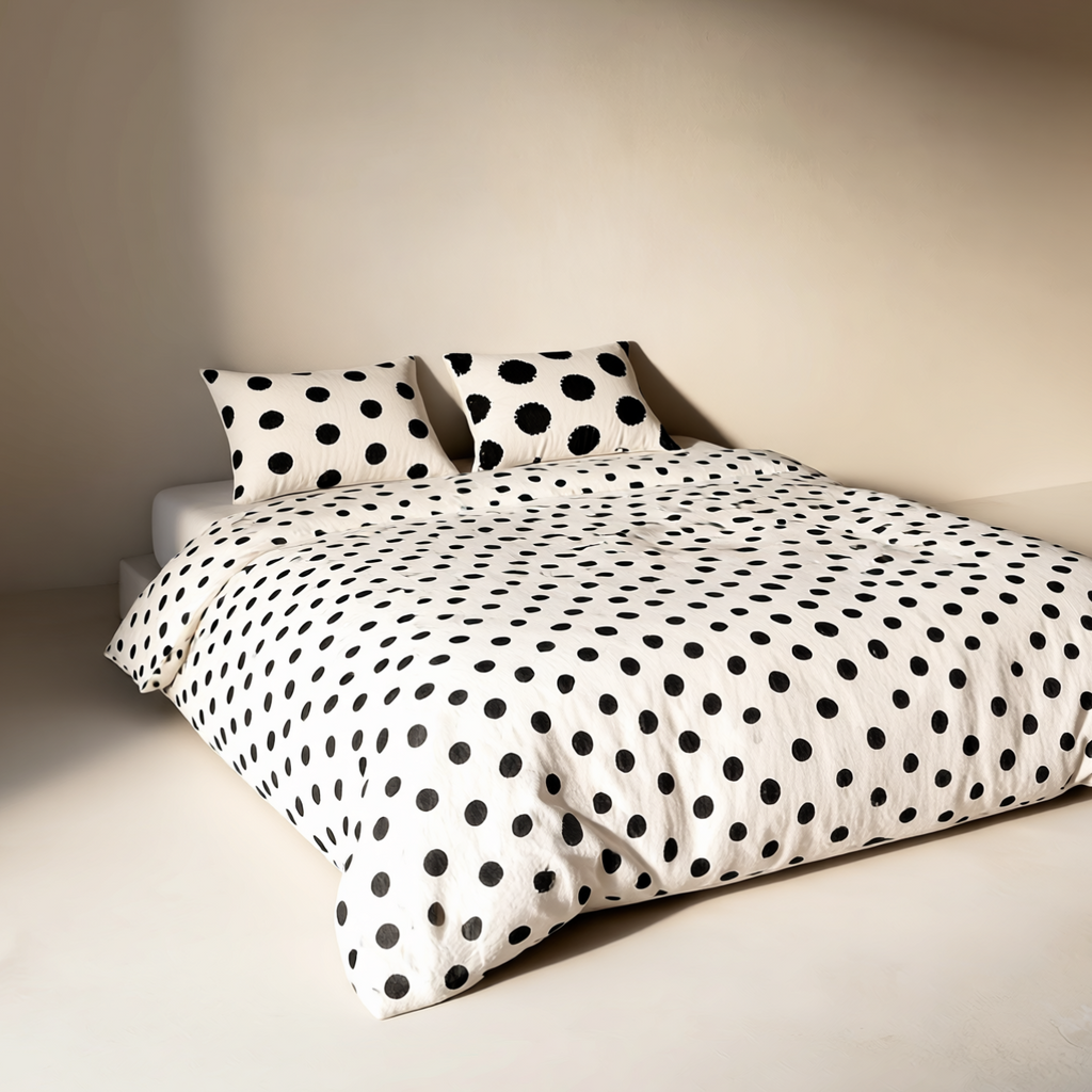 A bed dressed in a white duvet cover and matching pillowcases with large black polka dots, placed in a minimalist beige room with dramatic sunlight casting shadows across the floor and wall.