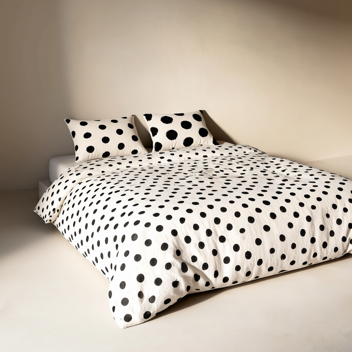 A bed dressed in a white duvet cover and matching pillowcases with large black polka dots, placed in a minimalist beige room with dramatic sunlight casting shadows across the floor and wall.