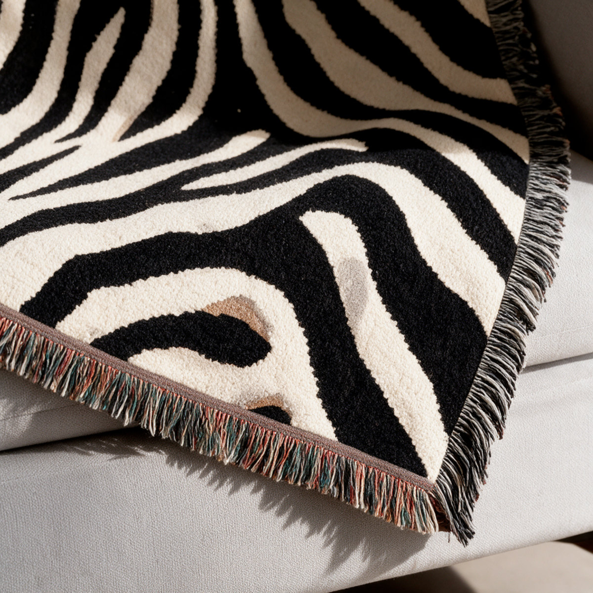 A close-up of a zebra-print throw blanket draped over a light gray sofa, featuring black and cream stripes with multicolored fringe along one end.